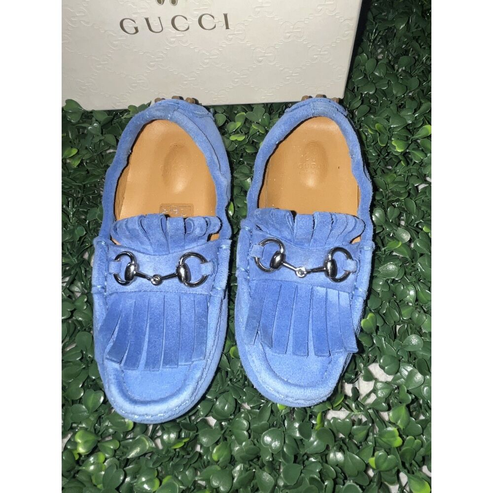 GUCCI Blue Suede Fringed Loafers Silver Horse-bit Size 25